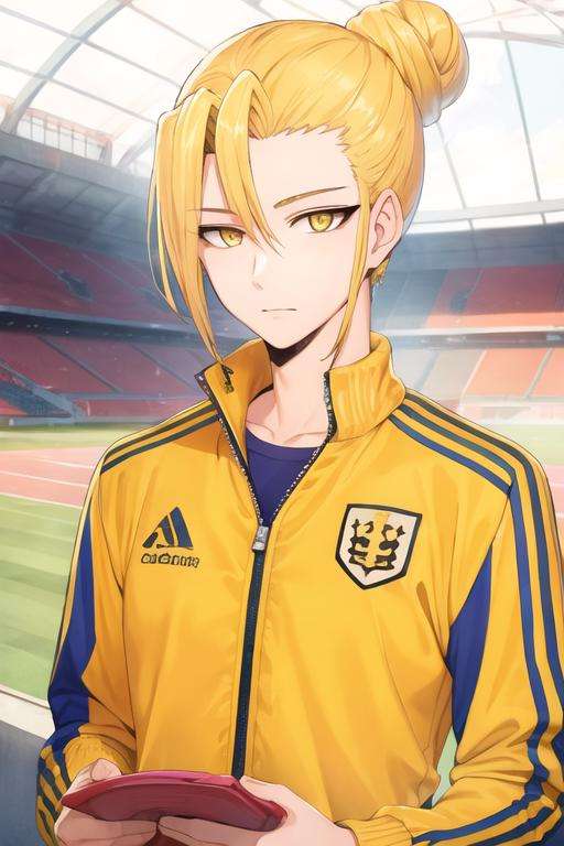 masterpiece, best quality, high quality, 1boy, solo, male focus, looking at viewer, upper body, <lora:han_sung_yu:0.64>, han_sung_yu, blonde hair, yellow eyes, single hair bun, , track suit