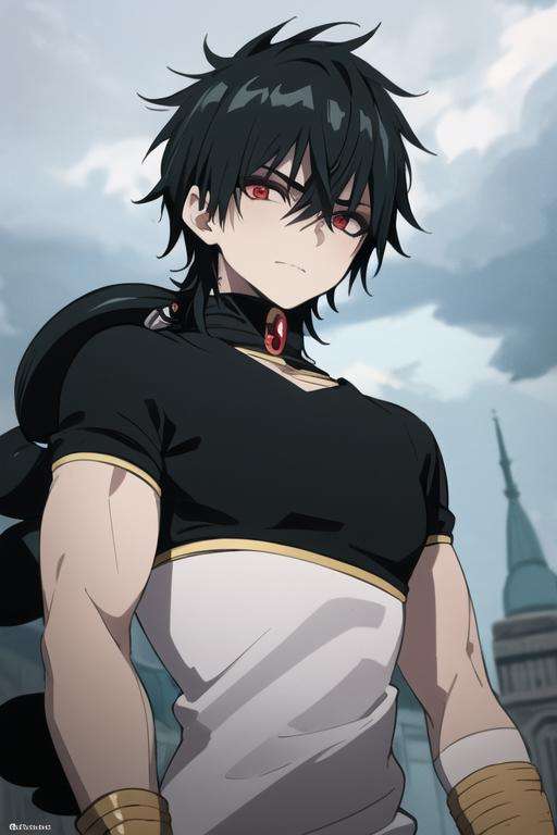 masterpiece, best quality, high quality, 1boy, solo, male focus, looking at viewer, upper body, <lora:judar_magi:0.76>, judar_magi, black hair, jewelry, red eyes, long hair, gakuran