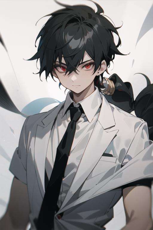 masterpiece, best quality, high quality, 1boy, solo, male focus, looking at viewer, upper body, <lora:judar_magi:0.56>, judar_magi, black hair, jewelry, red eyes, long hair, formal, necktie, dress shirt