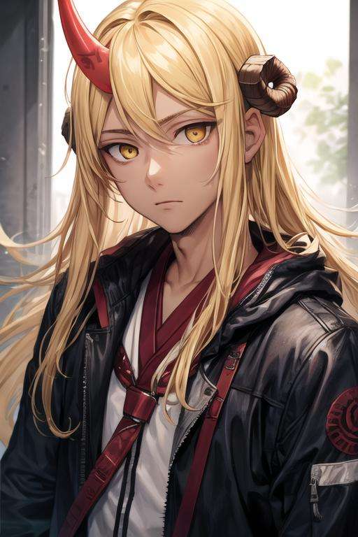 masterpiece, best quality, high quality, 1boy, solo, male focus, looking at viewer, upper body, <lora:hou_kami_no_tou:0.52>, hou_kami_no_tou, blonde hair, long hair, yellow eyes, single horn, , jacket