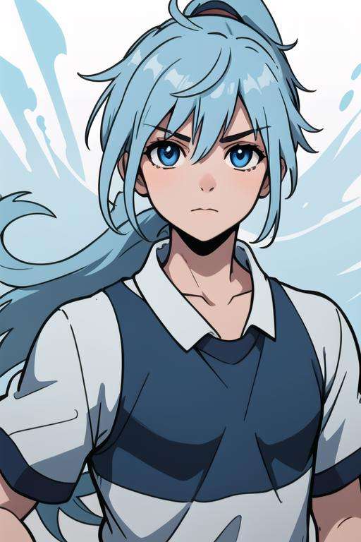 masterpiece, best quality, high quality, 1boy, solo, male focus, looking at viewer, upper body, <lora:seisyun_ri:0.54>, seisyun_ri, blue hair, long hair, ponytail, blue eyes, sportswear