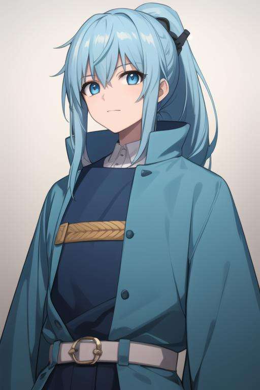 masterpiece, best quality, high quality, 1boy, solo, male focus, looking at viewer, upper body, <lora:seisyun_ri:0.64>, seisyun_ri, blue hair, long hair, ponytail, blue eyes, coat