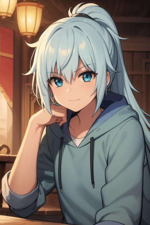 masterpiece, best quality, high quality, 1boy, solo, male focus, looking at viewer, upper body, <lora:seisyun_ri:0.62>, seisyun_ri, blue hair, long hair, ponytail, blue eyes, hoodie