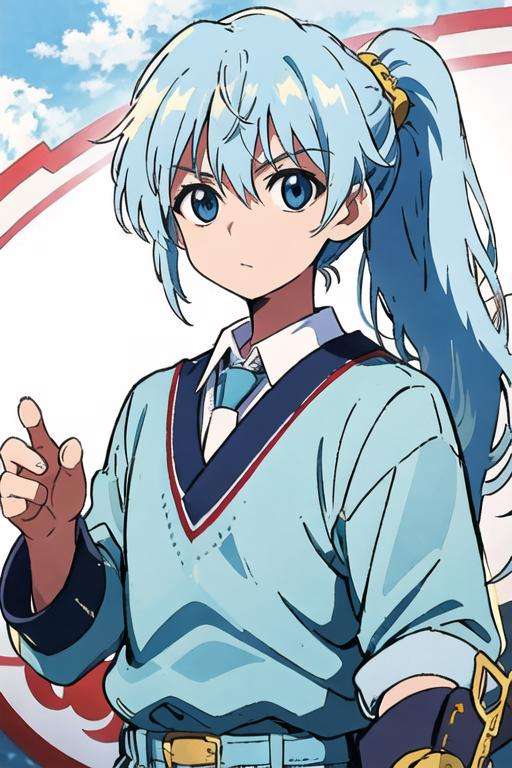 masterpiece, best quality, high quality, 1boy, solo, male focus, looking at viewer, upper body, <lora:seisyun_ri:0.66>, seisyun_ri, blue hair, long hair, ponytail, blue eyes, school uniform