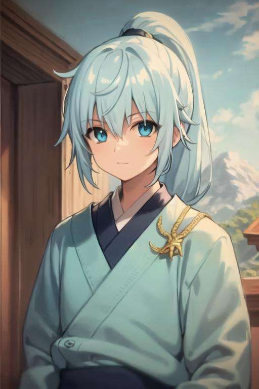 masterpiece, best quality, high quality, 1boy, solo, male focus, looking at viewer, upper body, <lora:seisyun_ri:0.60>, seisyun_ri, blue hair, long hair, ponytail, blue eyes, shirt