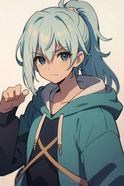 masterpiece, best quality, high quality, 1boy, solo, male focus, looking at viewer, upper body, <lora:seisyun_ri:0.64>, seisyun_ri, blue hair, long hair, ponytail, blue eyes, hoodie