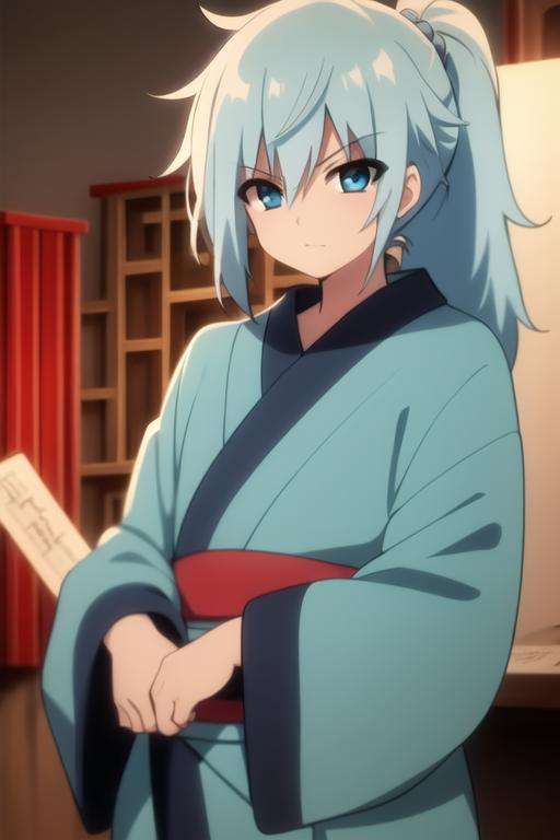 masterpiece, best quality, high quality, 1boy, solo, male focus, looking at viewer, upper body, <lora:seisyun_ri:0.78>, seisyun_ri, blue hair, long hair, ponytail, blue eyes, yukata