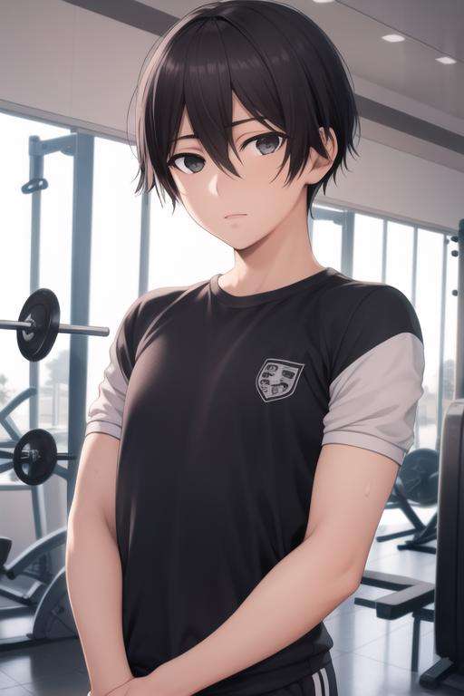 masterpiece, best quality, high quality, 1boy, solo, male focus, looking at viewer, upper body, <lora:hiroshi_yuuki:0.56>, hiroshi_yuuki, black hair, hair between eyes, black eyes, realistic, gym uniform