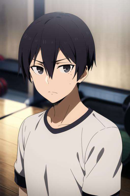 masterpiece, best quality, high quality, 1boy, solo, male focus, looking at viewer, upper body, <lora:hiroshi_yuuki:0.72>, hiroshi_yuuki, black hair, hair between eyes, black eyes, , gym uniform