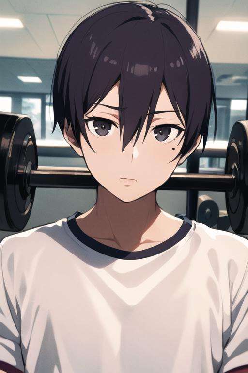 masterpiece, best quality, high quality, 1boy, solo, male focus, looking at viewer, upper body, <lora:hiroshi_yuuki:0.68>, hiroshi_yuuki, black hair, hair between eyes, black eyes, realistic, gym uniform