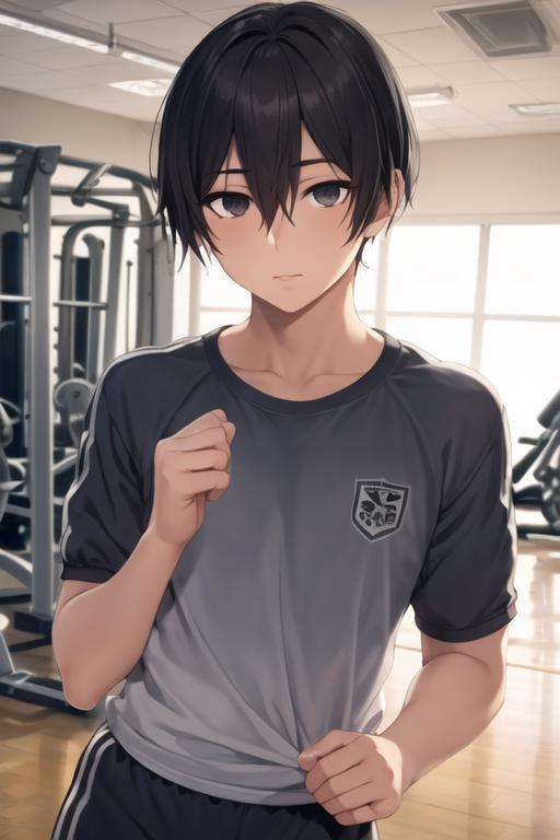 masterpiece, best quality, high quality, 1boy, solo, male focus, looking at viewer, upper body, <lora:hiroshi_yuuki:0.56>, hiroshi_yuuki, black hair, hair between eyes, black eyes, realistic, gym uniform