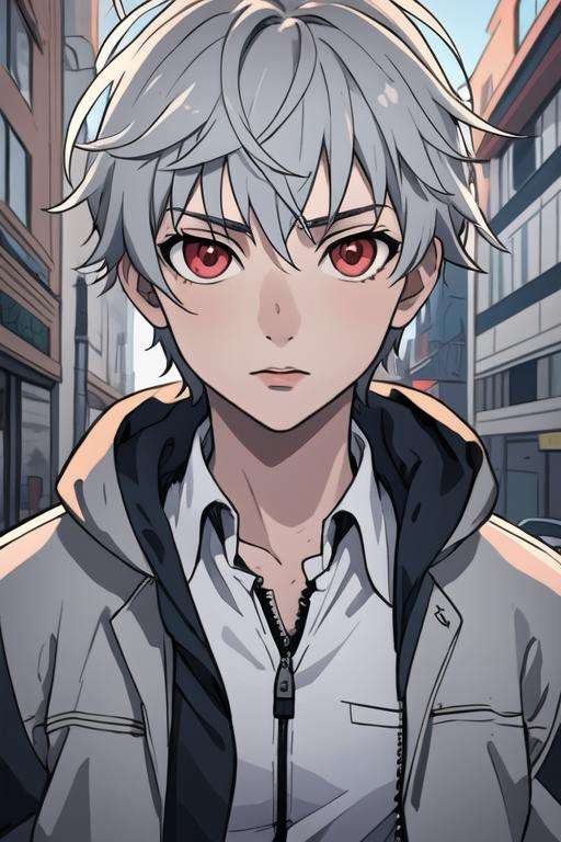 masterpiece, best quality, high quality, 1boy, solo, male focus, looking at viewer, upper body, <lora:aru_akise:0.72>, aru_akise, grey hair, red eyes, jacket