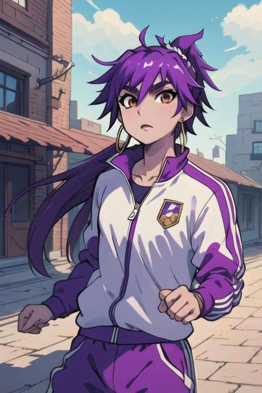 masterpiece, best quality, high quality, 1boy, solo, male focus, looking at viewer, upper body, <lora:sinbad_magi:0.68>, sinbad_magi, purple hair, jewelry, long hair, brown eyes, ponytail, track suit