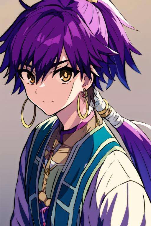 masterpiece, best quality, high quality, 1boy, solo, male focus, looking at viewer, upper body, <lora:sinbad_magi:0.68>, sinbad_magi, purple hair, jewelry, long hair, brown eyes, ponytail, jacket