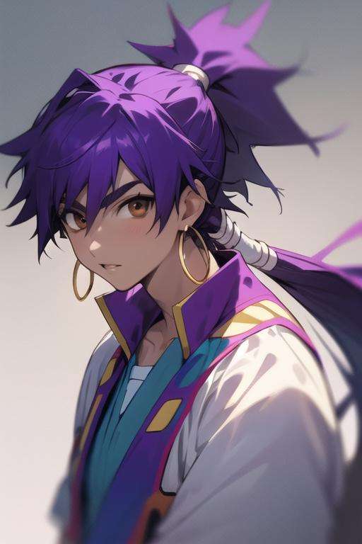 masterpiece, best quality, high quality, 1boy, solo, male focus, looking at viewer, upper body, <lora:sinbad_magi:0.60>, sinbad_magi, purple hair, jewelry, long hair, brown eyes, ponytail, sportswear