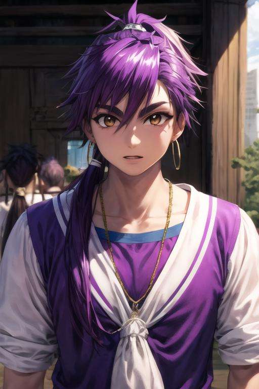 masterpiece, best quality, high quality, 1boy, solo, male focus, looking at viewer, upper body, <lora:sinbad_magi:0.66>, sinbad_magi, purple hair, jewelry, long hair, brown eyes, ponytail, sportswear