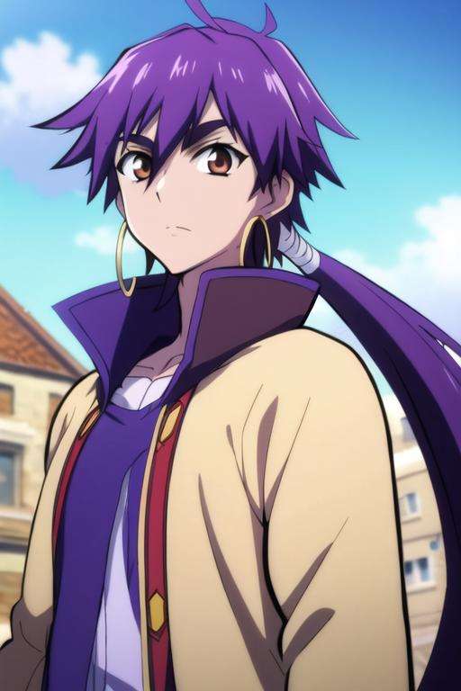 masterpiece, best quality, high quality, 1boy, solo, male focus, looking at viewer, upper body, <lora:sinbad_magi:0.76>, sinbad_magi, purple hair, jewelry, long hair, brown eyes, ponytail, coat