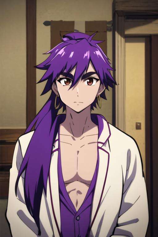 masterpiece, best quality, high quality, 1boy, solo, male focus, looking at viewer, upper body, <lora:sinbad_magi:0.72>, sinbad_magi, purple hair, jewelry, long hair, brown eyes, ponytail, pajamas