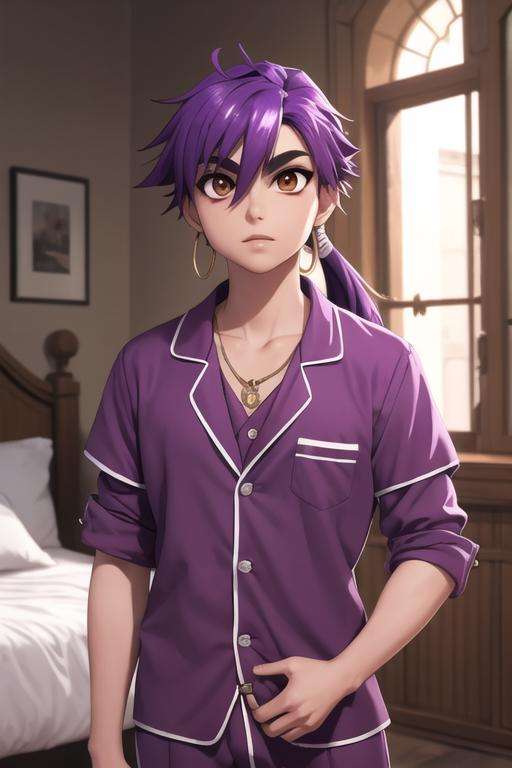 masterpiece, best quality, high quality, 1boy, solo, male focus, looking at viewer, upper body, <lora:sinbad_magi:0.64>, sinbad_magi, purple hair, jewelry, long hair, brown eyes, ponytail, pajamas