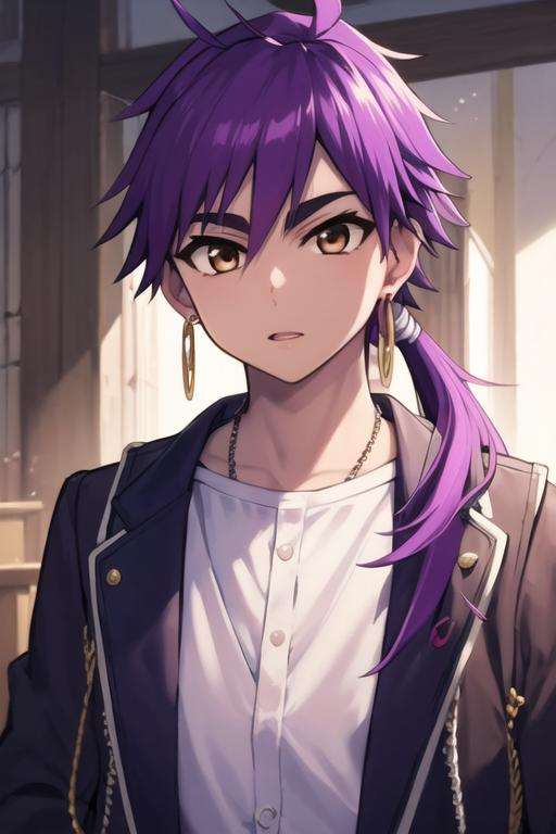 masterpiece, best quality, high quality, 1boy, solo, male focus, looking at viewer, upper body, <lora:sinbad_magi:0.78>, sinbad_magi, purple hair, jewelry, long hair, brown eyes, ponytail, shirt