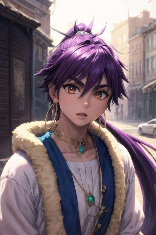 masterpiece, best quality, high quality, 1boy, solo, male focus, looking at viewer, upper body, <lora:sinbad_magi:0.60>, sinbad_magi, purple hair, jewelry, long hair, brown eyes, ponytail,