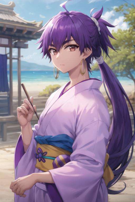 masterpiece, best quality, high quality, 1boy, solo, male focus, looking at viewer, upper body, <lora:sinbad_magi:0.58>, sinbad_magi, purple hair, jewelry, long hair, brown eyes, ponytail, yukata