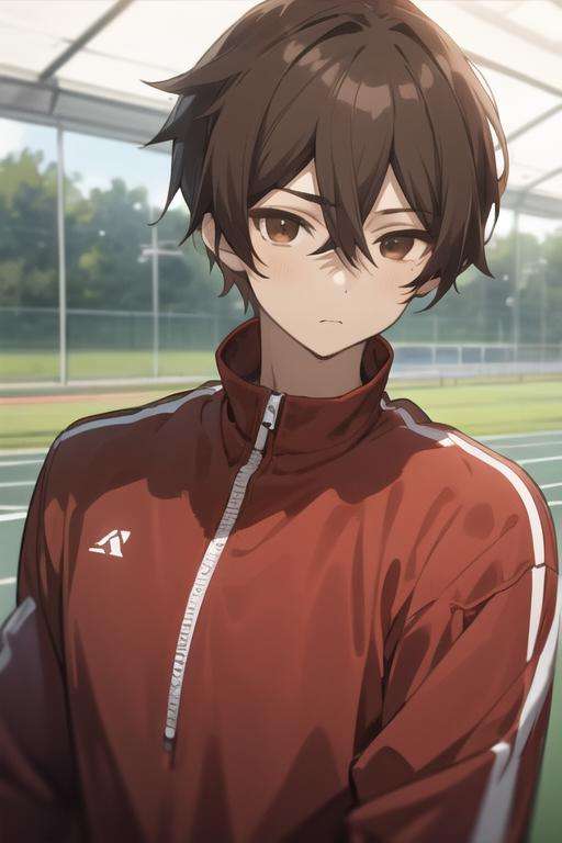 masterpiece, best quality, high quality, 1boy, solo, male focus, looking at viewer, upper body, <lora:mizuto_irido:0.76>, mizuto_irido, brown eyes, brown hair, hair between eyes, track suit