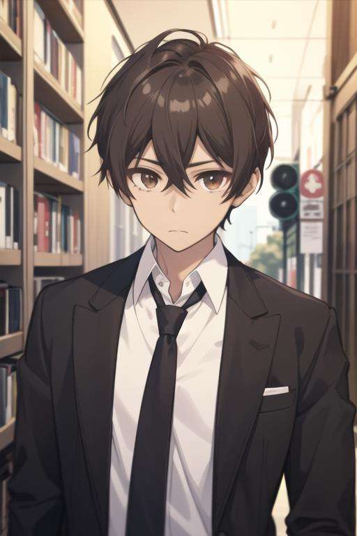 masterpiece, best quality, high quality, 1boy, solo, male focus, looking at viewer, upper body, <lora:mizuto_irido:0.76>, mizuto_irido, brown eyes, brown hair, hair between eyes, formal, necktie, dress shirt