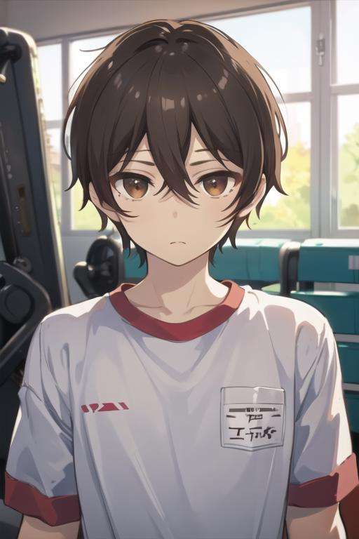 masterpiece, best quality, high quality, 1boy, solo, male focus, looking at viewer, upper body, <lora:mizuto_irido:0.74>, mizuto_irido, brown eyes, brown hair, hair between eyes, gym uniform