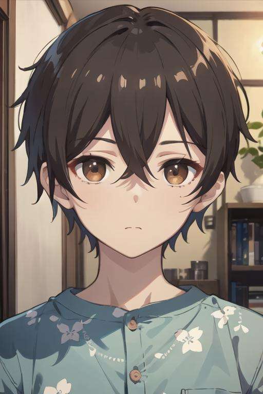 masterpiece, best quality, high quality, 1boy, solo, male focus, looking at viewer, upper body, <lora:mizuto_irido:0.56>, mizuto_irido, brown eyes, brown hair, hair between eyes, pajamas