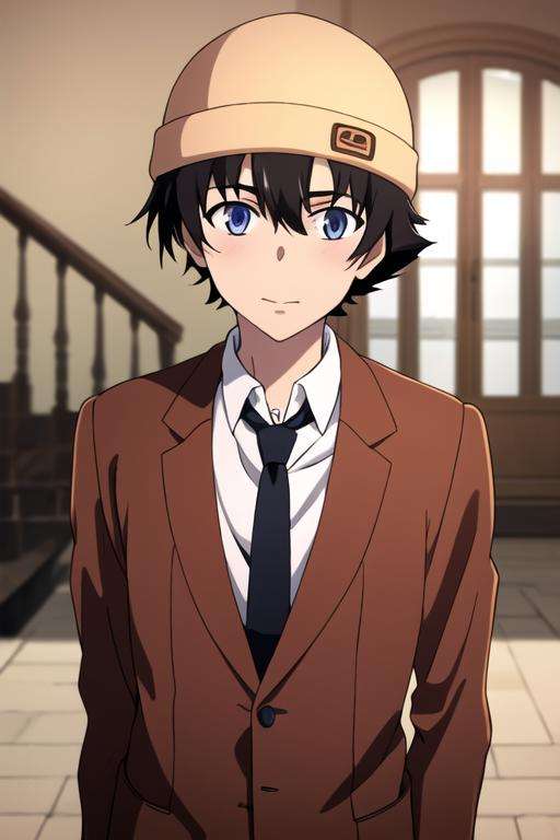 masterpiece, best quality, high quality, 1boy, solo, male focus, looking at viewer, upper body, <lora:yukiteru_amano:0.78>, yukiteru_amano, , hat, formal, necktie, dress shirt