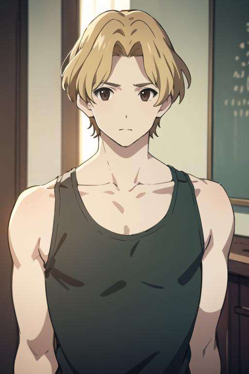 masterpiece, best quality, high quality, 1boy, solo, male focus, looking at viewer, upper body, <lora:yoshifumi_aoki:0.68>, yoshifumi_aoki, blonde hair, brown eyes, realistic, tank top