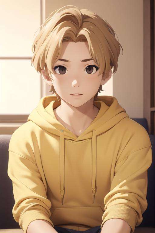 masterpiece, best quality, high quality, 1boy, solo, male focus, looking at viewer, upper body, <lora:yoshifumi_aoki:0.56>, yoshifumi_aoki, blonde hair, brown eyes, realistic, hoodie