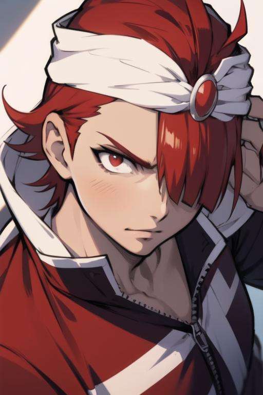 masterpiece, best quality, high quality, 1boy, solo, male focus, looking at viewer, upper body, <lora:mystras_leoxses:0.76>, mystras_leoxses, red hair, red eyes, hoodie