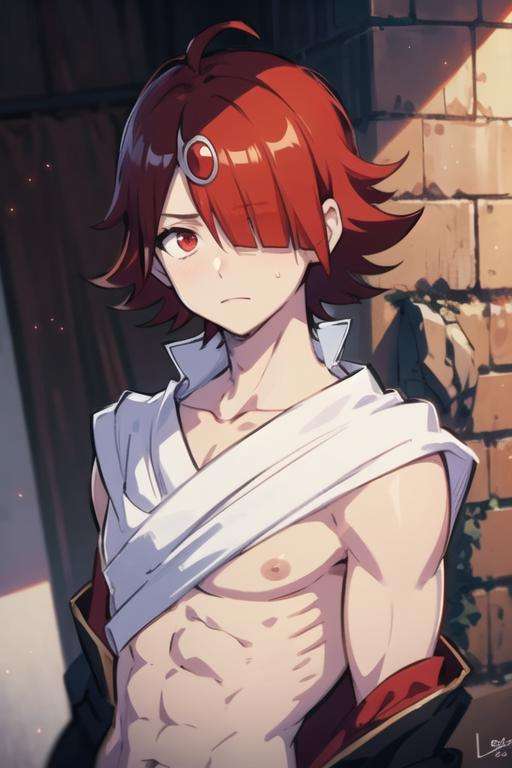 masterpiece, best quality, high quality, 1boy, solo, male focus, looking at viewer, upper body, <lora:mystras_leoxses:0.60>, mystras_leoxses, red hair, red eyes,