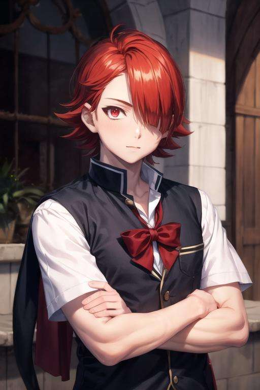 masterpiece, best quality, high quality, 1boy, solo, male focus, looking at viewer, upper body, <lora:mystras_leoxses:0.52>, mystras_leoxses, red hair, red eyes, school uniform