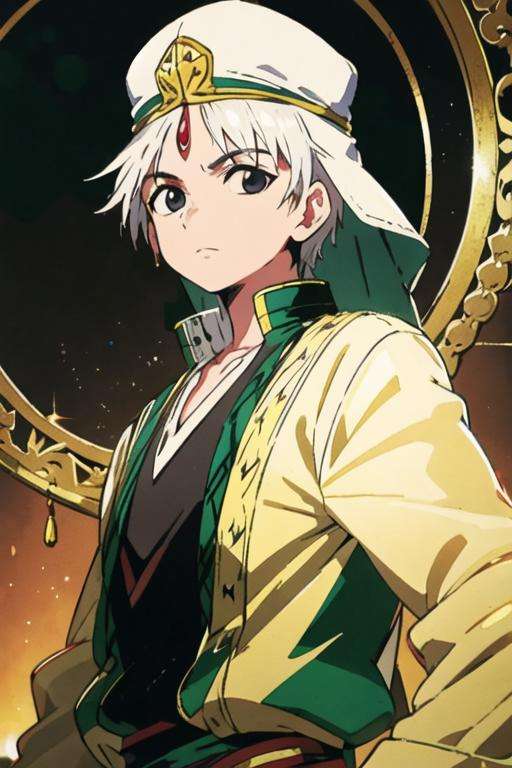 masterpiece, best quality, high quality, 1boy, solo, male focus, looking at viewer, upper body, <lora:jafar_magi:0.56>, jafar_magi, white hair, black eyes, hat, gakuran