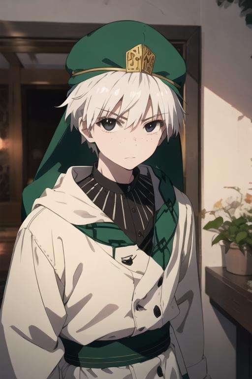 masterpiece, best quality, high quality, 1boy, solo, male focus, looking at viewer, upper body, <lora:jafar_magi:0.74>, jafar_magi, white hair, black eyes, hat, coat