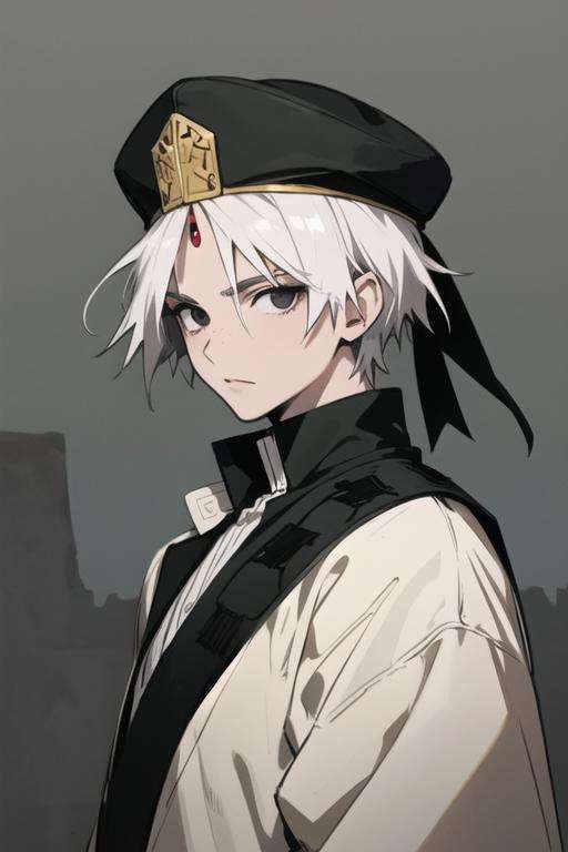 masterpiece, best quality, high quality, 1boy, solo, male focus, looking at viewer, upper body, <lora:jafar_magi:0.56>, jafar_magi, white hair, black eyes, hat, gakuran