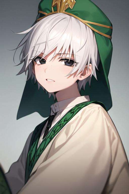 masterpiece, best quality, high quality, 1boy, solo, male focus, looking at viewer, upper body, <lora:jafar_magi:0.78>, jafar_magi, white hair, black eyes, hat, school uniform