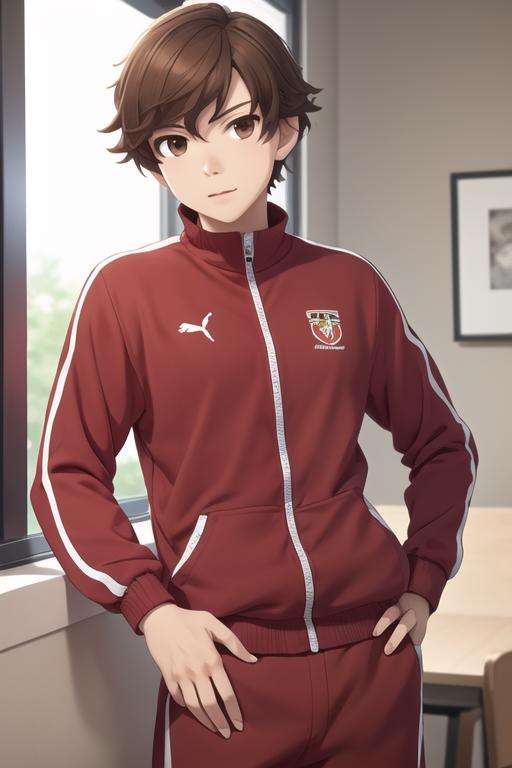 masterpiece, best quality, high quality, 1boy, solo, male focus, looking at viewer, upper body, <lora:kogure_kawanami:0.56>, kogure_kawanami, brown hair, brown eyes, track suit