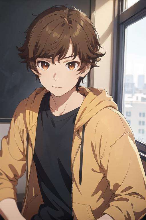 masterpiece, best quality, high quality, 1boy, solo, male focus, looking at viewer, upper body, <lora:kogure_kawanami:0.74>, kogure_kawanami, brown hair, brown eyes, hoodie