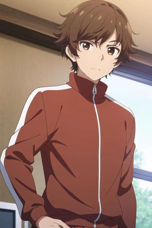 masterpiece, best quality, high quality, 1boy, solo, male focus, looking at viewer, upper body, <lora:kogure_kawanami:0.64>, kogure_kawanami, brown hair, brown eyes, track suit