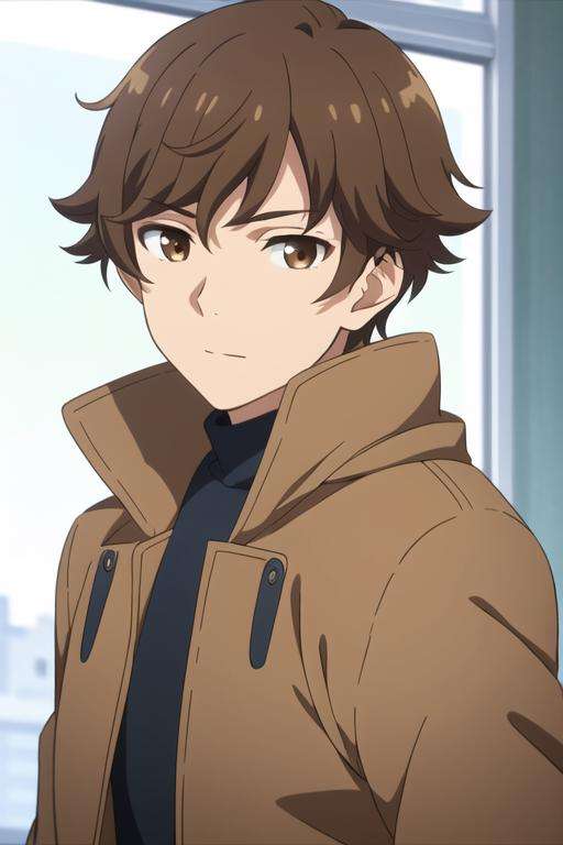 masterpiece, best quality, high quality, 1boy, solo, male focus, looking at viewer, upper body, <lora:kogure_kawanami:0.60>, kogure_kawanami, brown hair, brown eyes, coat