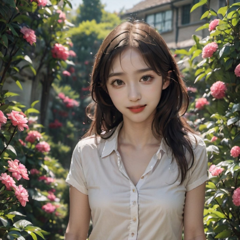 (8k, RAW photo, best quality, masterpiece:1.2), (realistic, photo-realistic:1.37), 1 girl is walking in a garden, looking at viewer and smile, there are many flowers around her