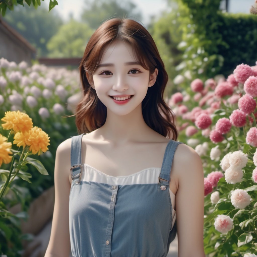 (8k, RAW photo, best quality, masterpiece:1.2), (realistic, photo-realistic:1.37), 1 girl is walking in a garden, looking at viewer and smile, there are many flowers around her