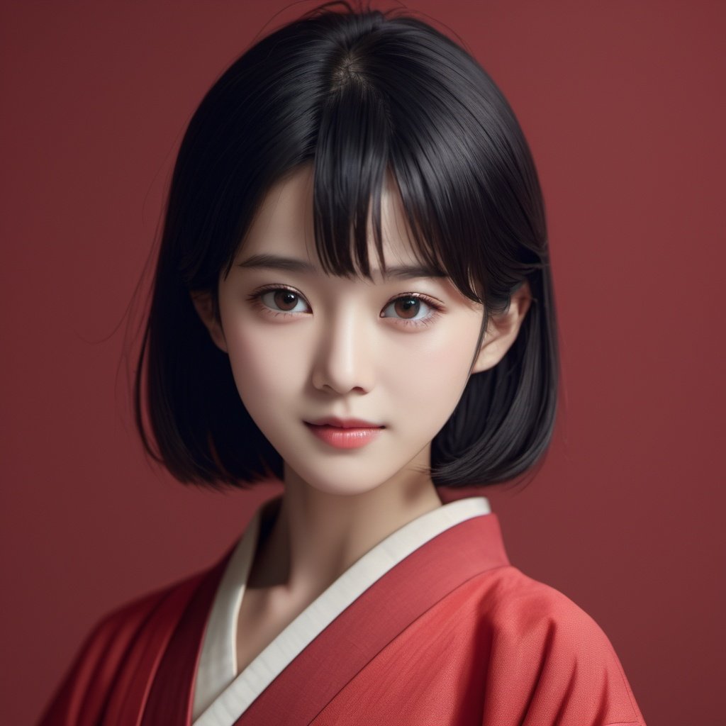 simple_background, red_background, masterpiece, realistic, best quality:1.2, 1girl, beautiful face, portrait, upper body, black_hair, traditionnal japanese haircut