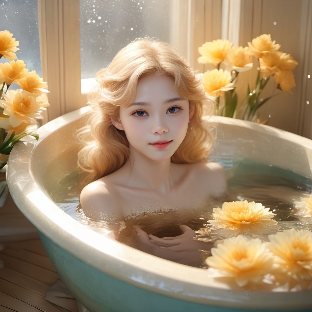 fsw,In the bathroom, a beautiful cat girl lies in a large bathtub filled with warm, misty water. Soft sunlight from the window illuminates her delicate features, making her golden hair shimmer like diamonds. Pastel-colored flowers adorn the walls, adding a touch of elegance to the space. Her serene expression reflects a sense of tranquility and contentment as she enjoys her private moment of relaxation, detailed skin, (masterpiece,best quality, ultra realistic,32k,RAW photo,detail skin, 8k uhd, dslr,high quality:1.5),amazing6