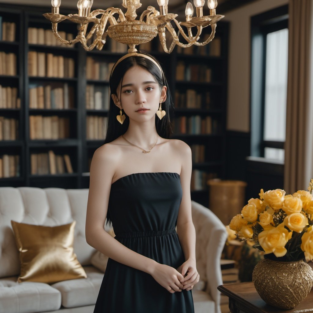 cowboy shot,yor_briar, 1girl, sweet girl, bare arms, black short dress, sidelocks, bare shoulders, bare arms, sleeveless, black hair, golden hairband, golden hair flowers, standing, ((upper body)), indoors, living room, sofa, decorations, chandelier, book stack,