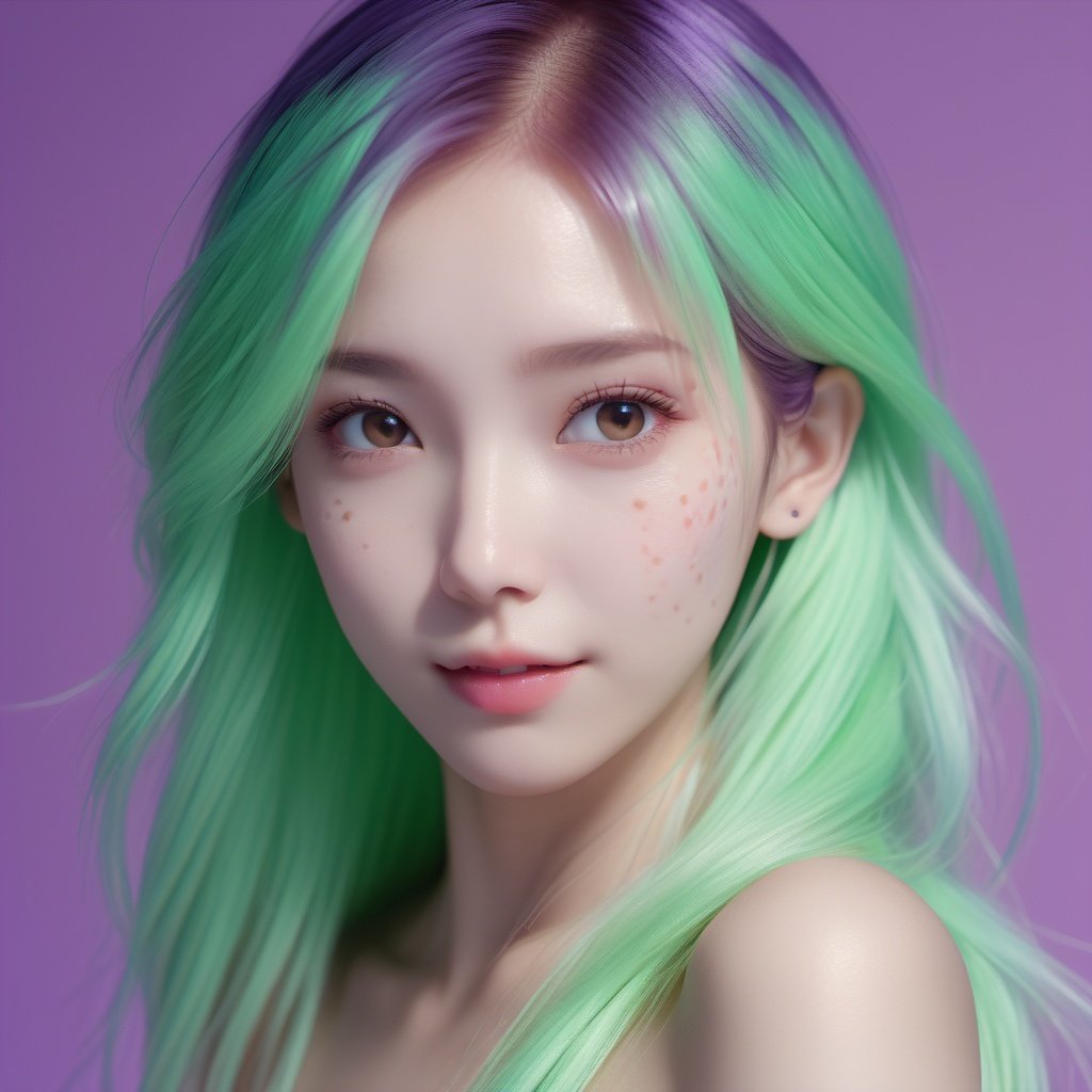 (masterpiece,best quality, ultra realistic,32k,RAW photo,detail skin, 8k uhd, dslr,high quality, film grain:1.5), long hair, light green hair hair:1.1,portrait,lady, brown eyes, Peach Emo clothing, freckles, (electric purple gradient background,led light, edge light, simple background)